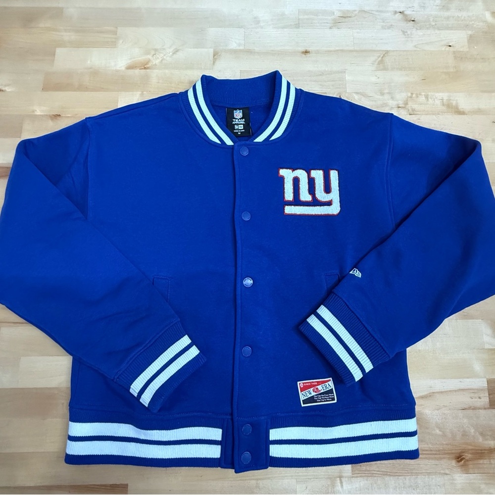 NFL Throwback Women’s Snap Front NY Giants Blue and White Varsity Jacket - Picture 7 of 11